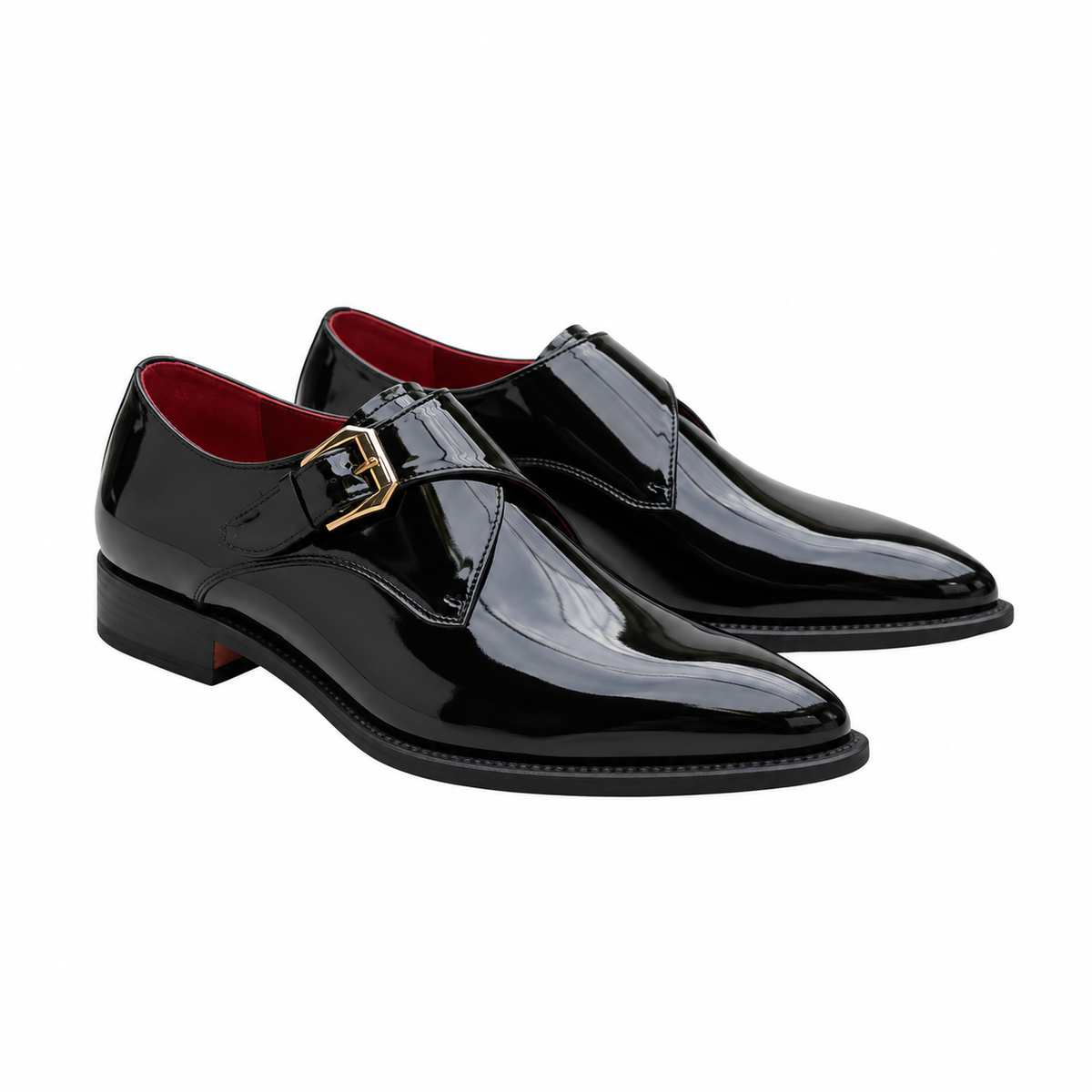 Men's Black Patent Single Monk Strap Dress Shoe – Gold Buckle & Red Sole