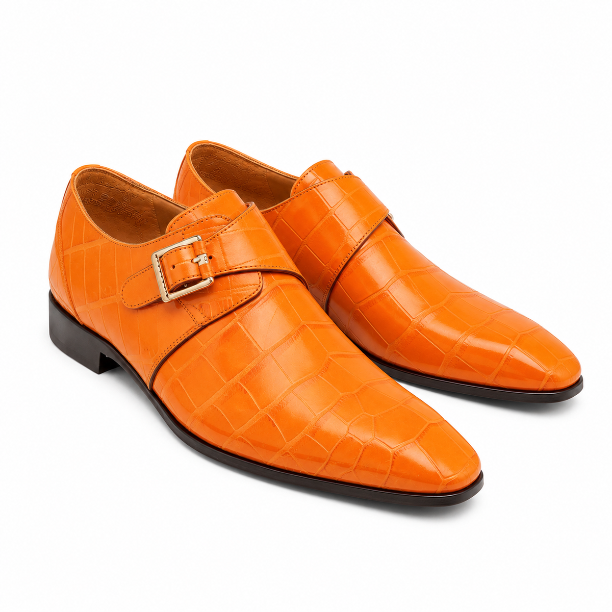 Men's Vibrant Orange Crocodile Embossed Single Monk Strap